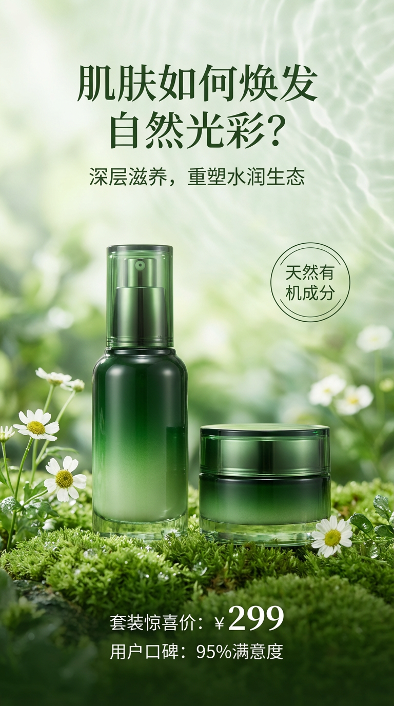 苔藓白花深绿瓶护肤组合宣传海报