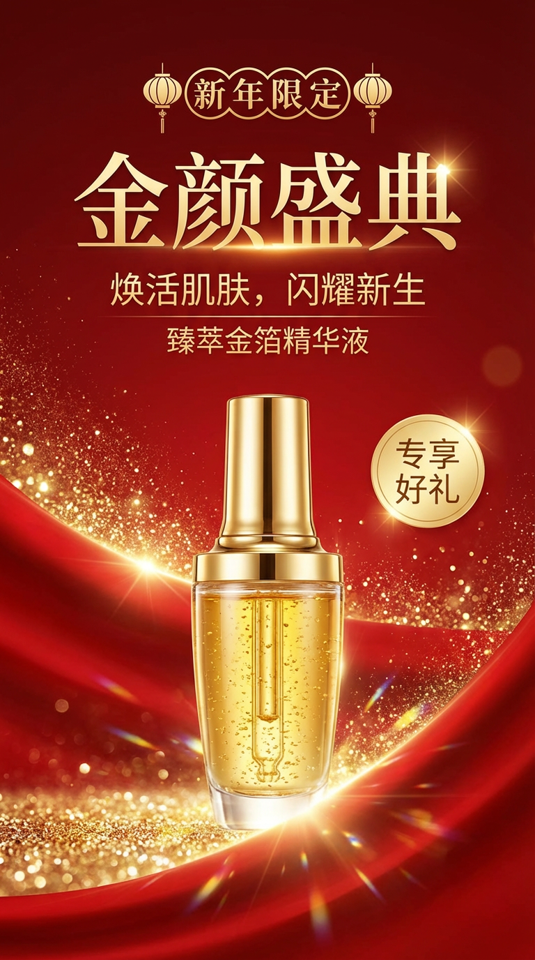 红金闪粉背景精华液节日宣传图
