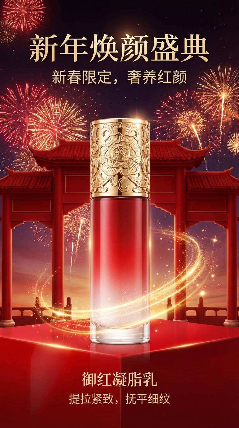 红金拱门烟花护肤乳节日主题海报
