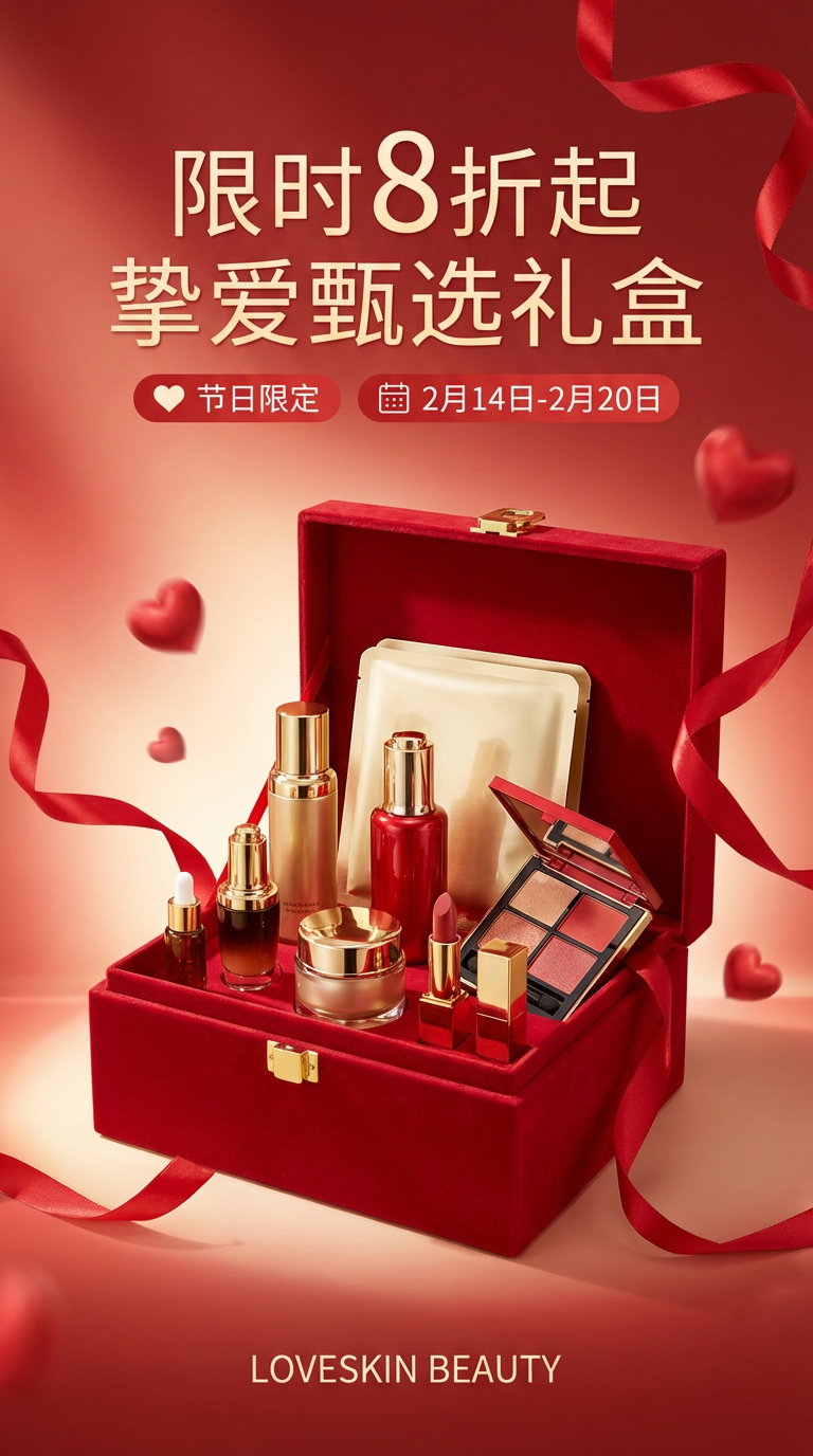 红丝带爱心装饰护肤彩妆礼盒海报