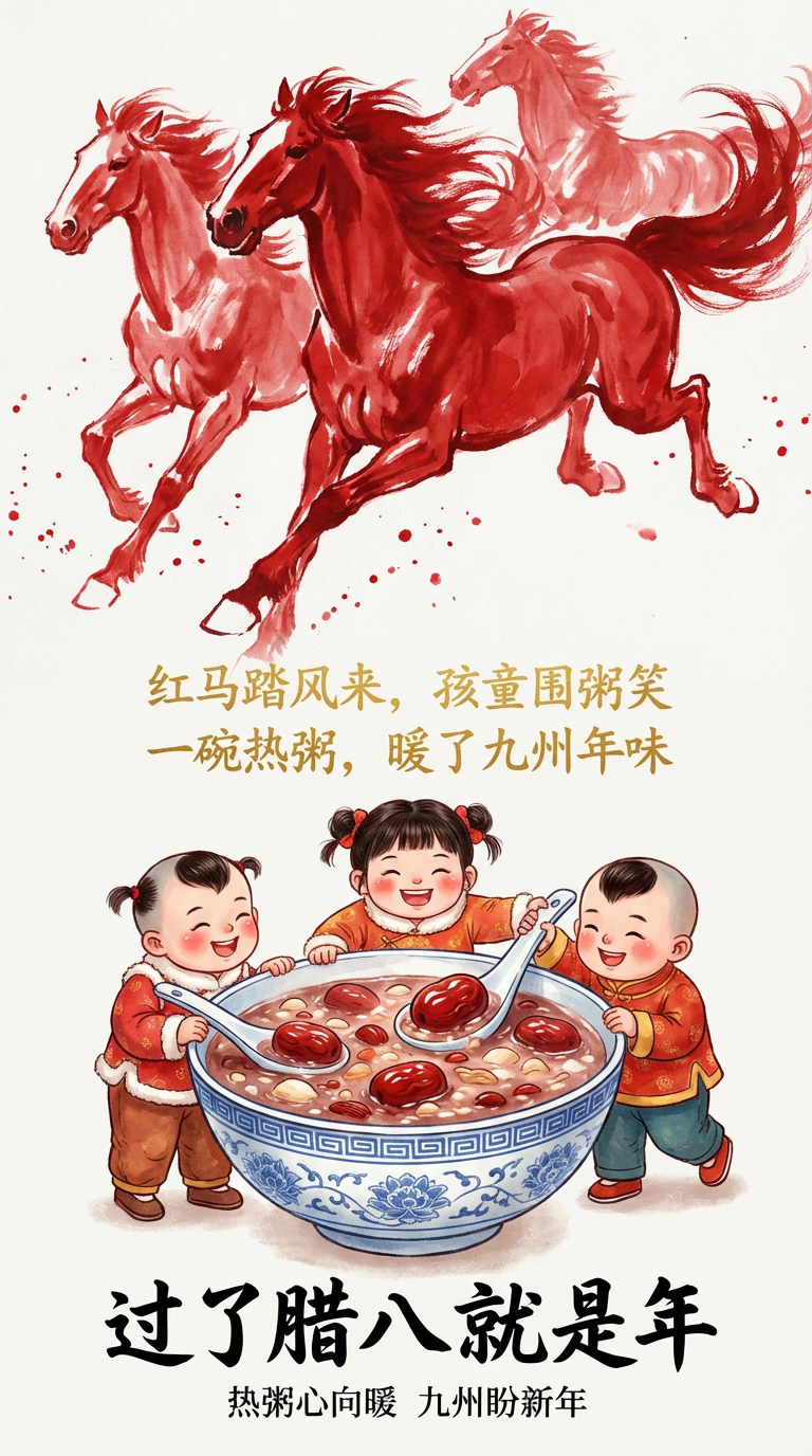 水墨红马童趣腊八海报