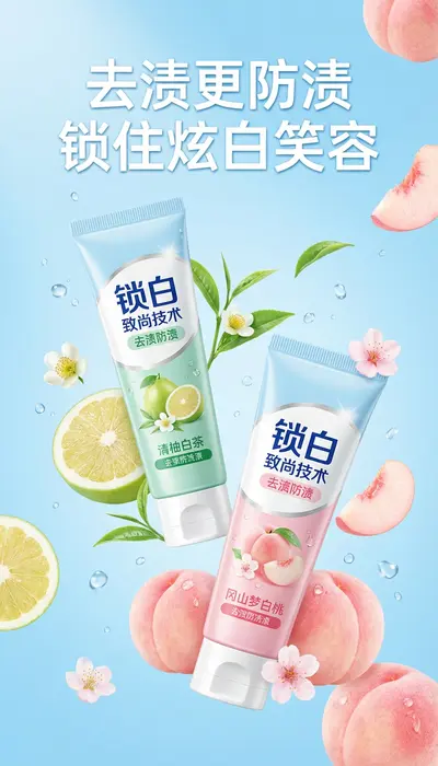 锁白防渍水果口味牙膏产品海报
