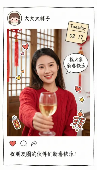 新春快乐朋友圈晒图手绘边框海报
