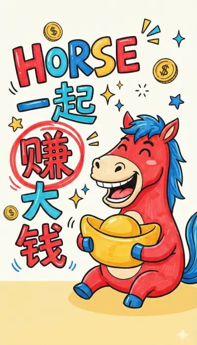 马年新春手绘趣味发财海报