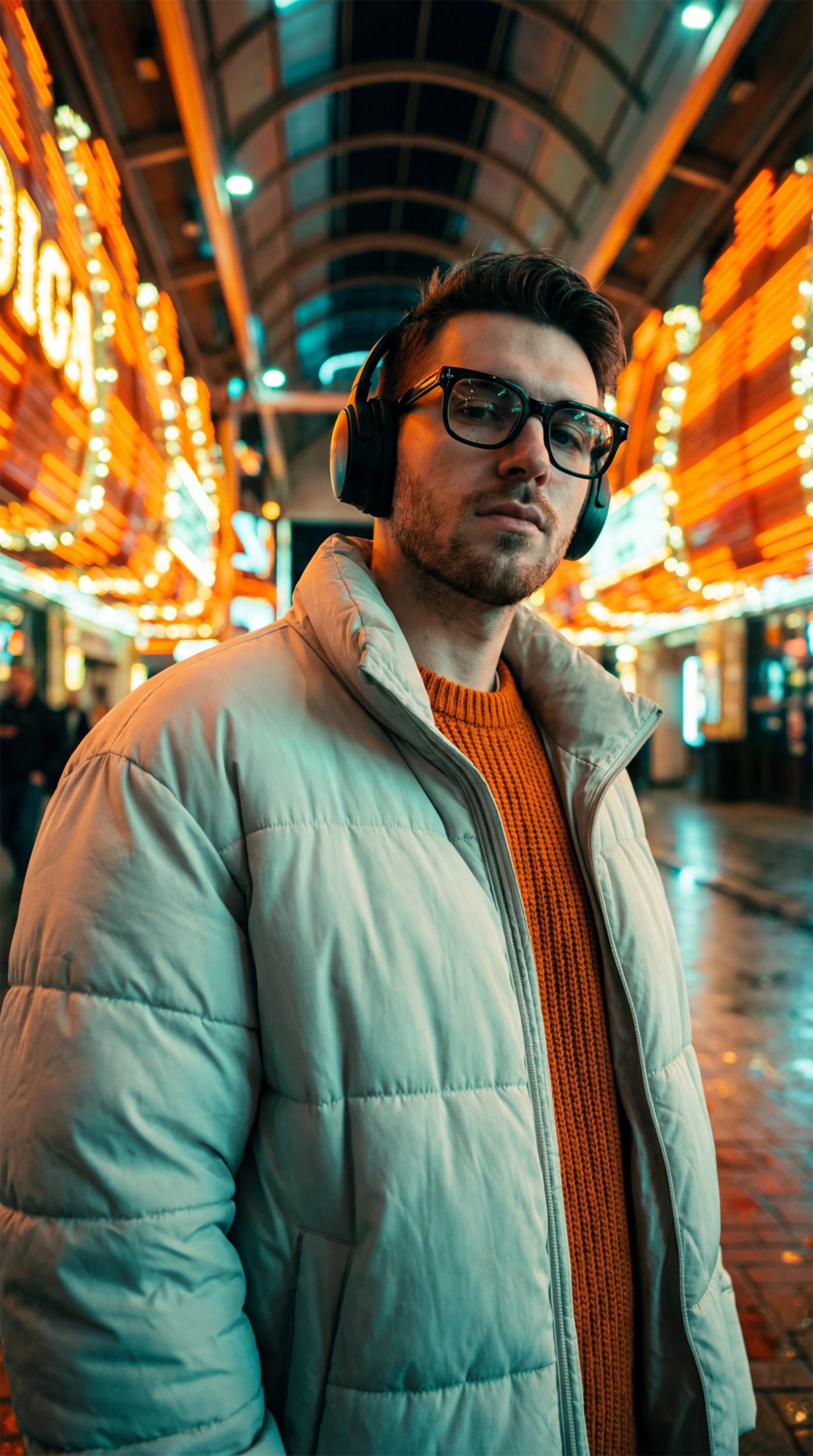 霓虹隧道下的电影感时尚肖像