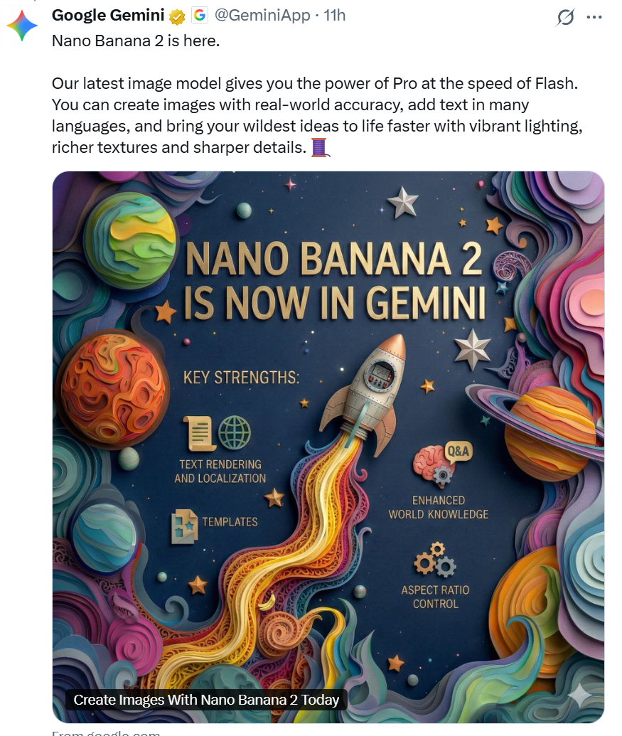Google在Gemini App上线Nano Banana2，图像生成迈入2K极速时代
