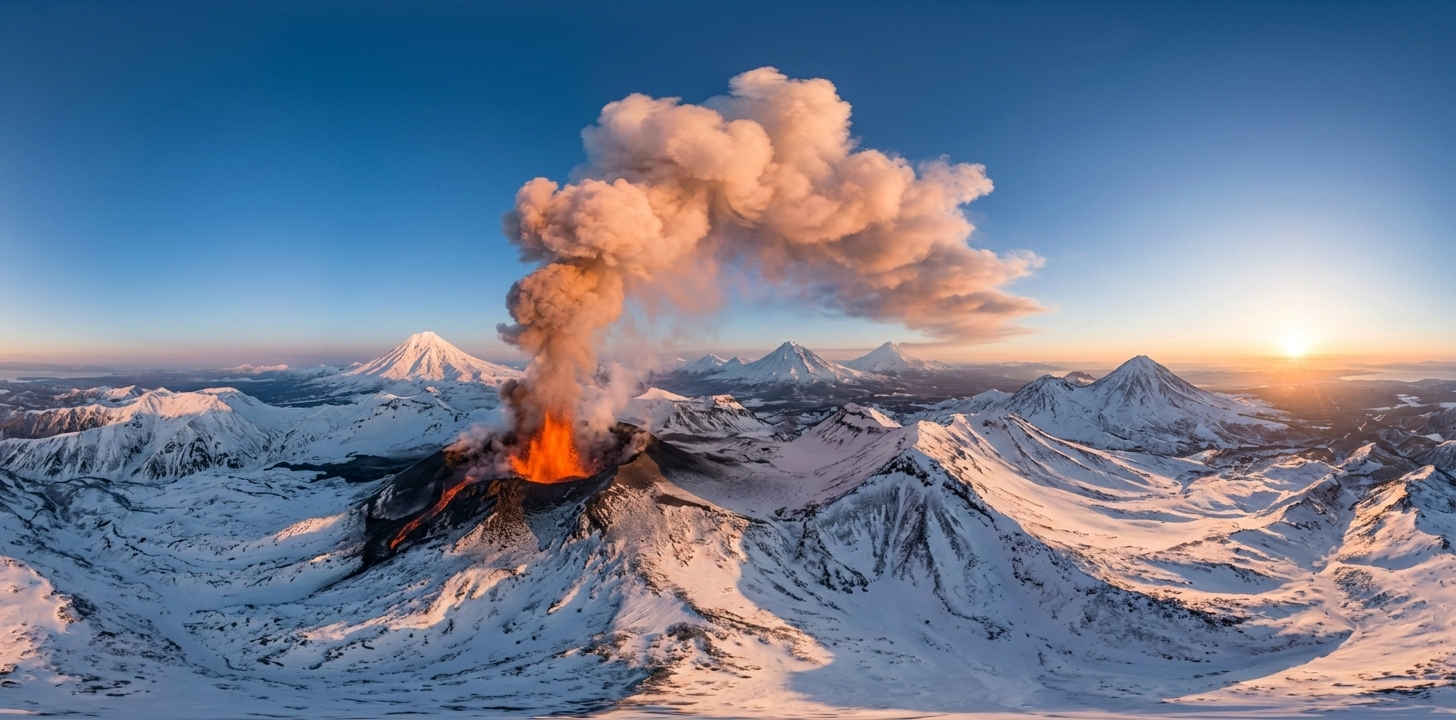 堪察加火山喷发雪景
