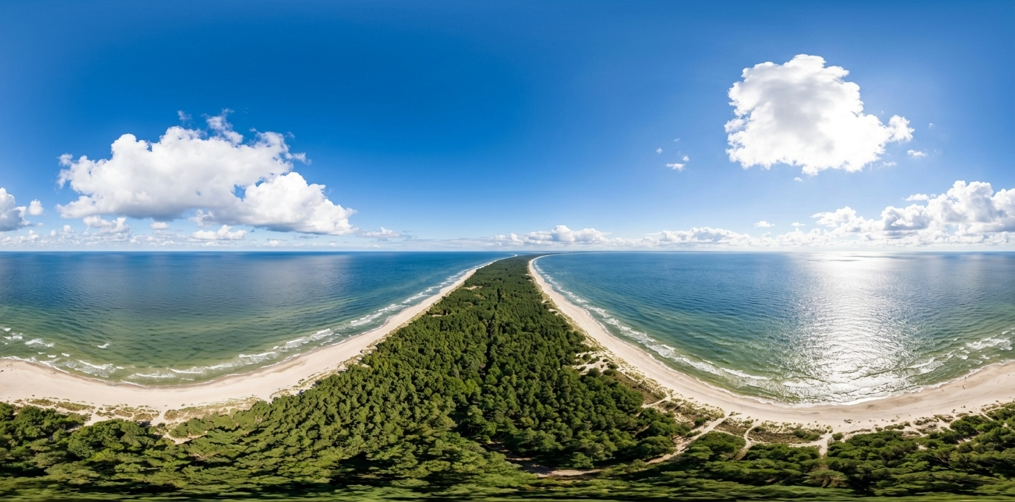 波罗的海狭长海岸森林360°航拍全景