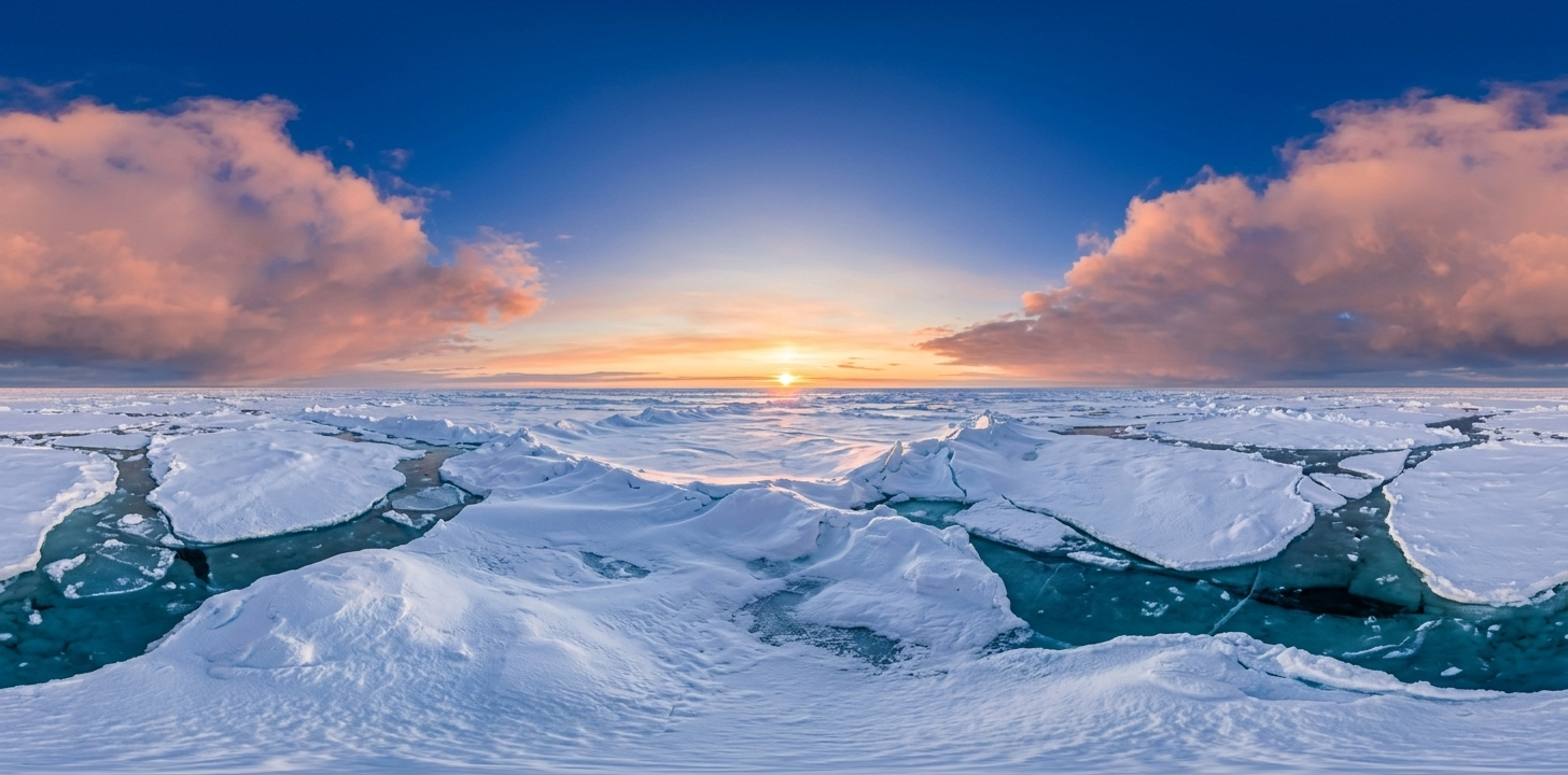 北极冰封海面日出360°全景