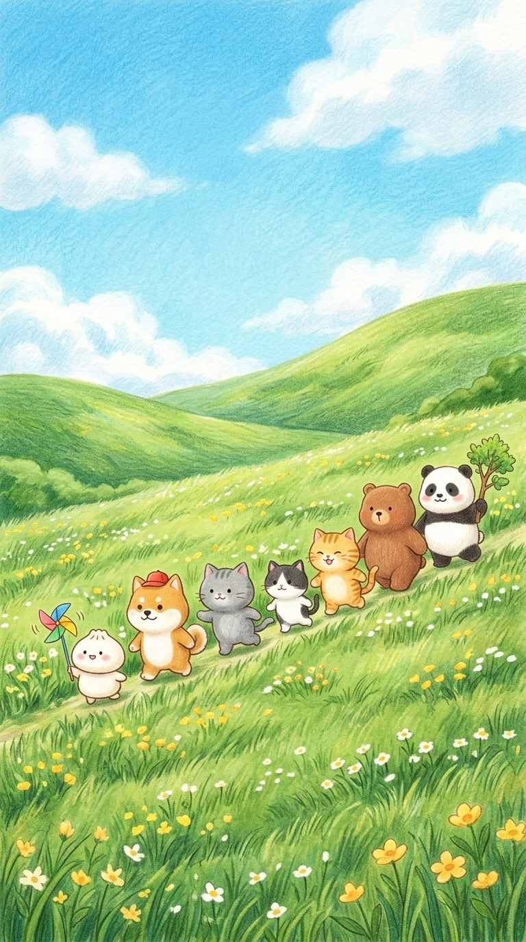 春日青草坡小动物出游治愈插画