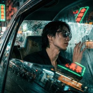 雨夜出租车内的城市景象
