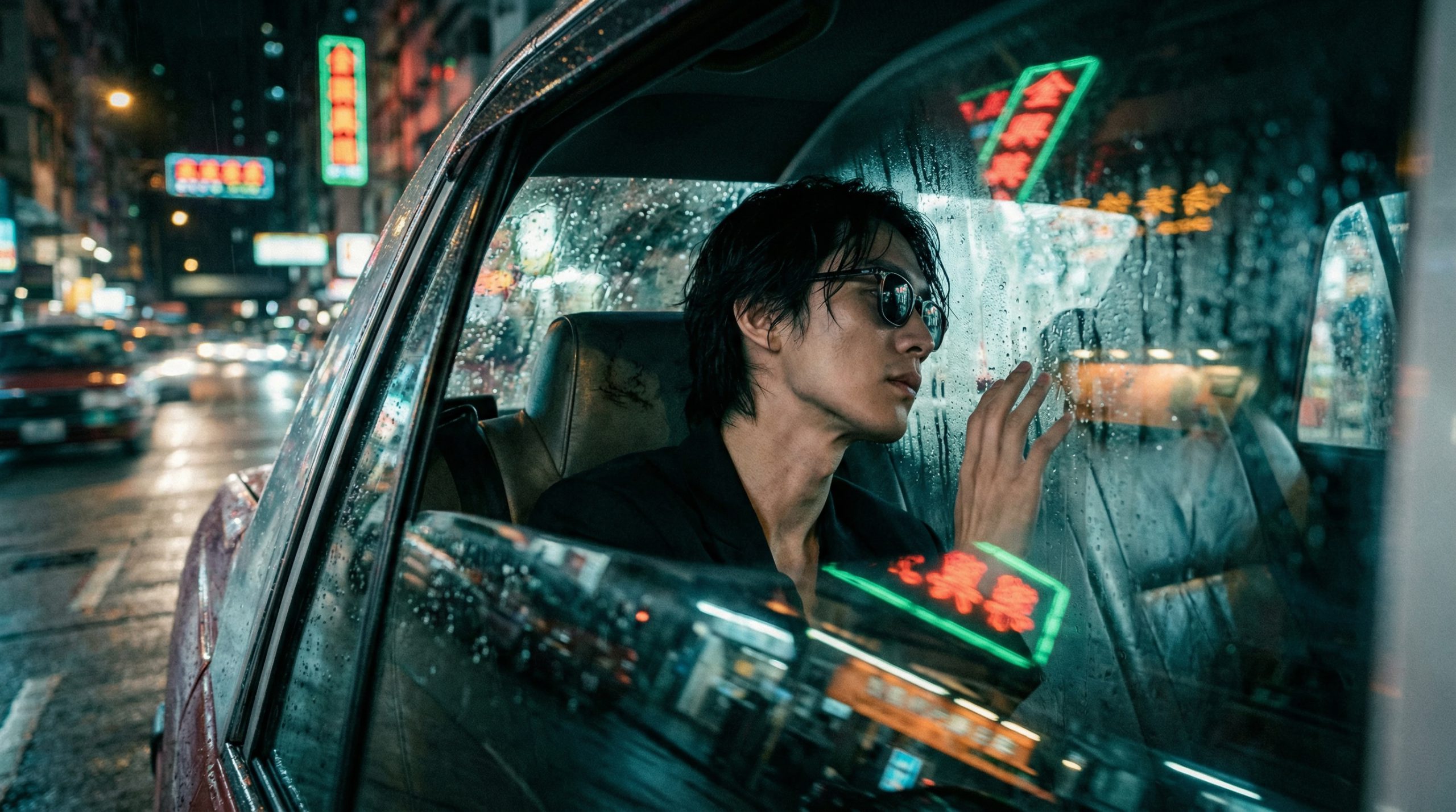 雨夜出租车内的城市景象