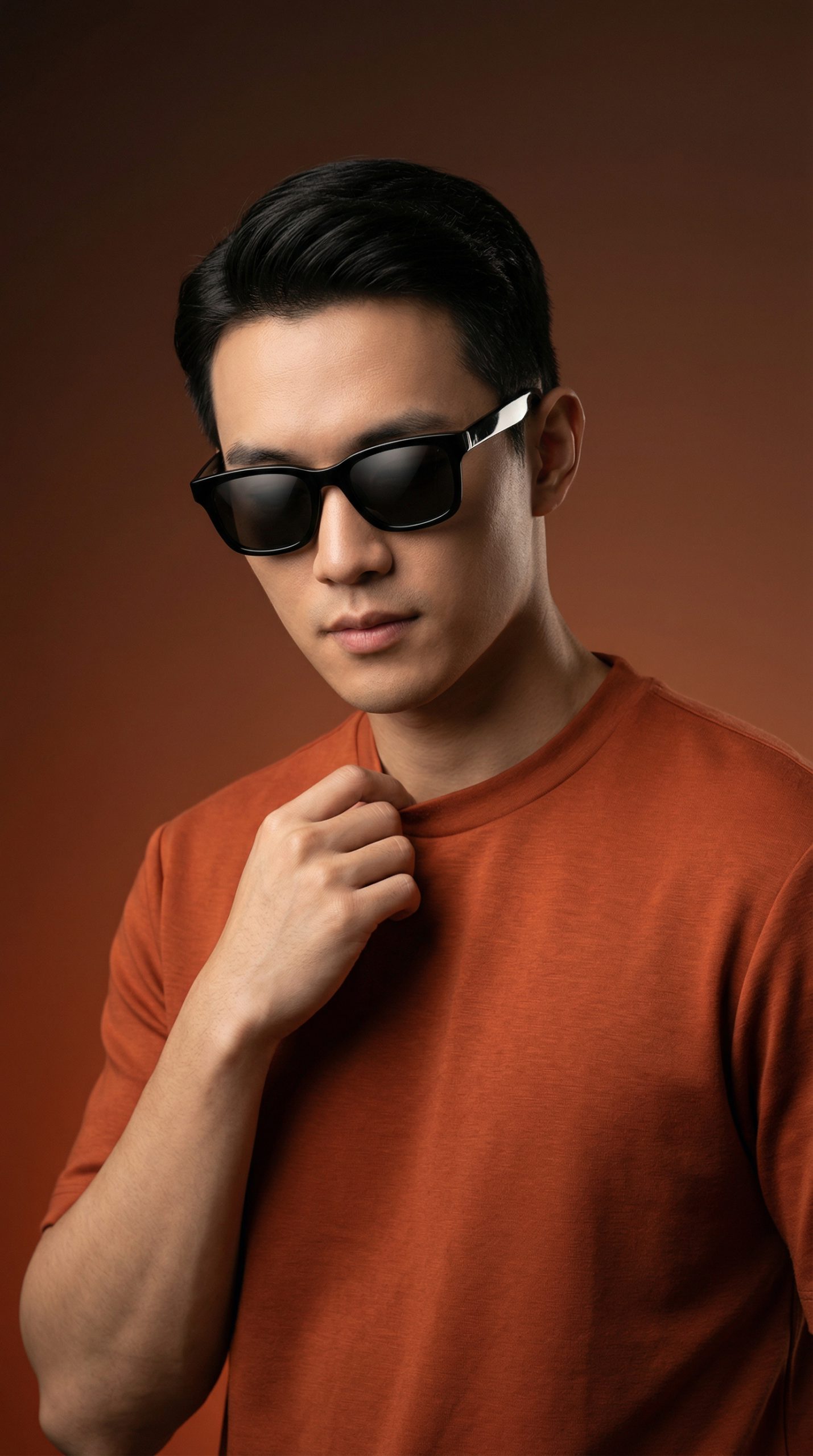 焦橙光影下的冷静型格肖像提示词