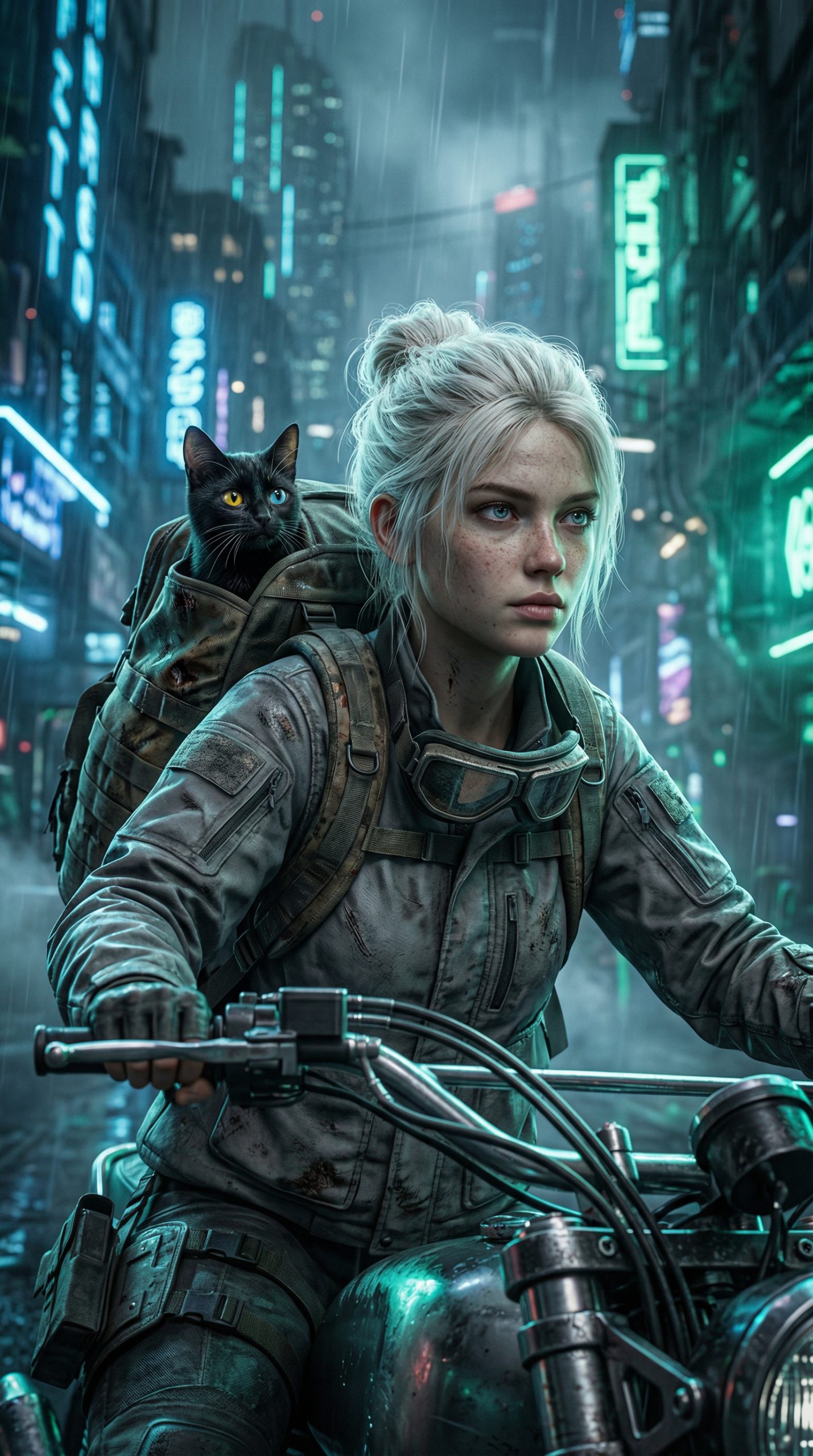 霓虹废土下的赛博骑行者提示词