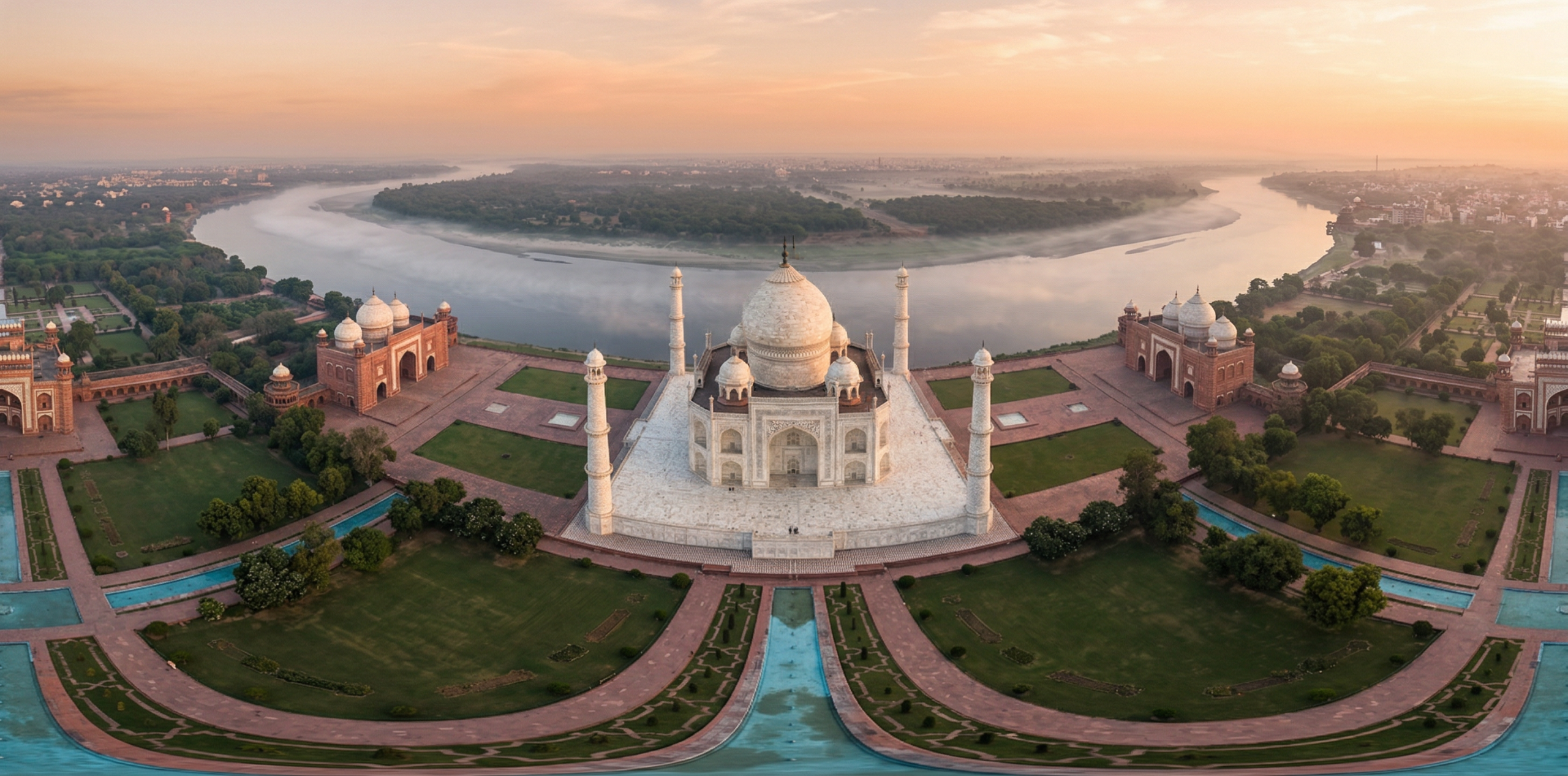 永恒对称:印度泰姬陵与亚穆纳河的圣洁清晨