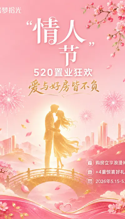 「爱筑良缘 幸福置业礼遇季」 ——520浪漫地产活动海报提示词