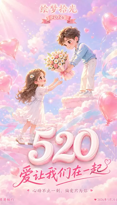 梦幻粉蓝520情人节浪漫插画风海报提示词