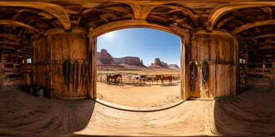 荒漠马厩光影写实360全景提示词