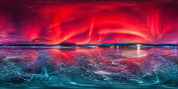 AI绘画360全景图｜极夜血红极光下的冰封湖秘境