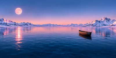 极地月影·冰湖孤舟